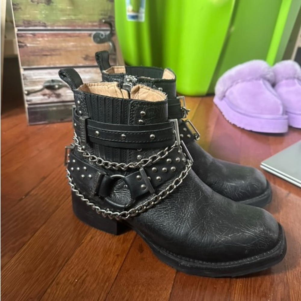 John Fluevog Black and Silver Moto Boots with Edgy Details